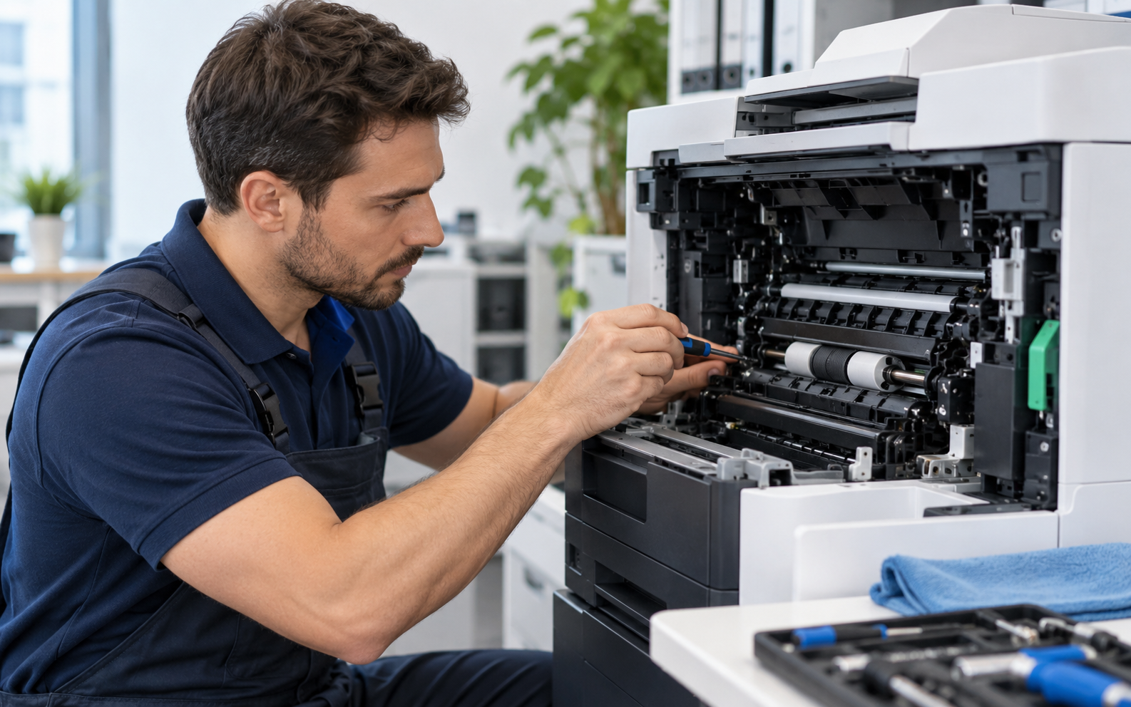 Técnico realizando mantenimiento de impresora
