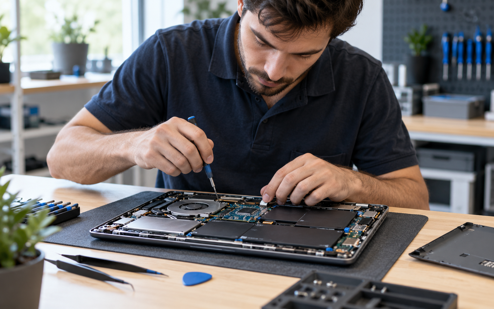 Técnico reparando una laptop